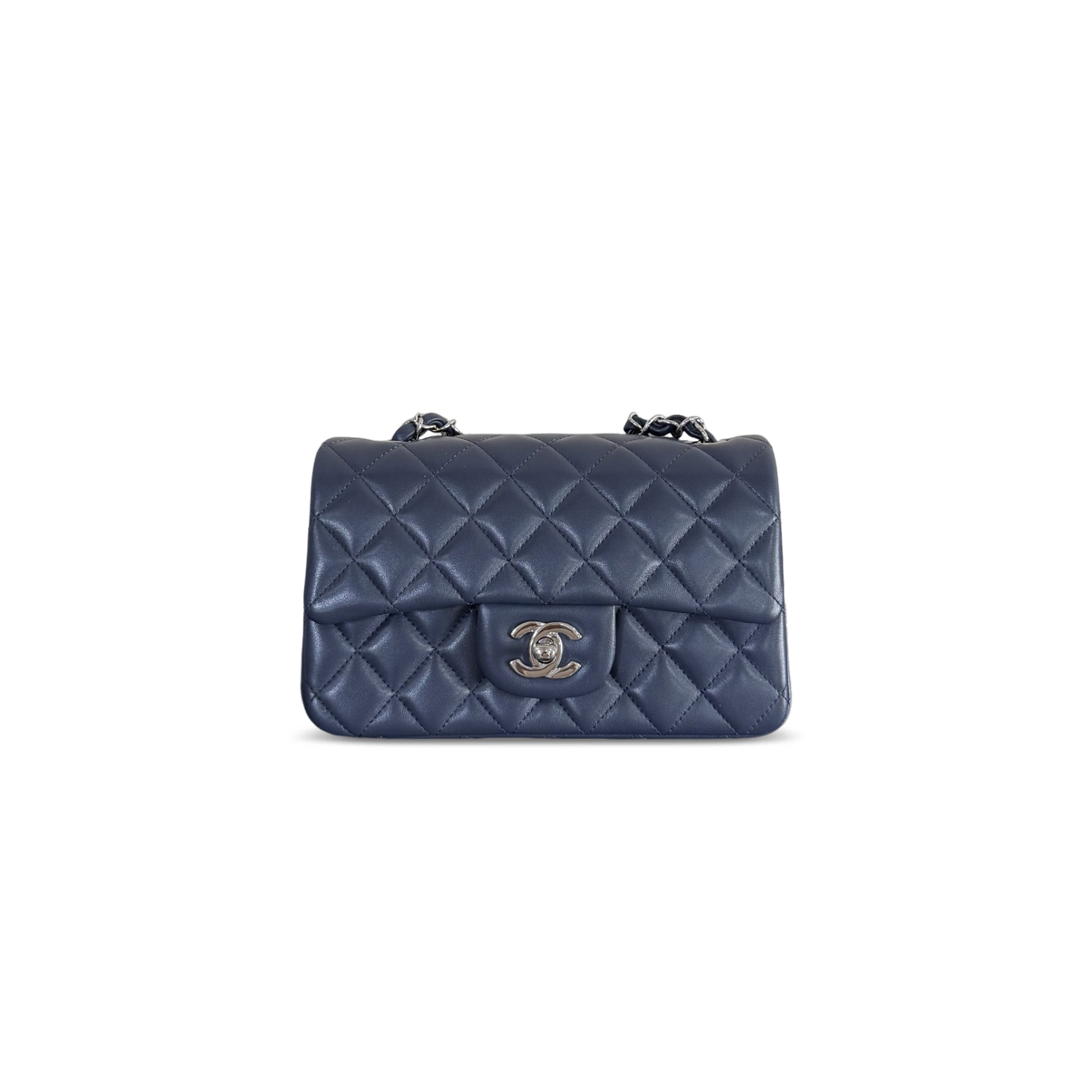 CHANEL MASTER CLASSIC FLAP MINI RECTANGULAR NAVY BLUE LAMBSKIN SILVER HARDWARE A01116 (20*12*6cm)